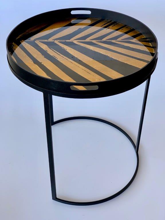 Round Black & Gold Leaf Side Table Tray